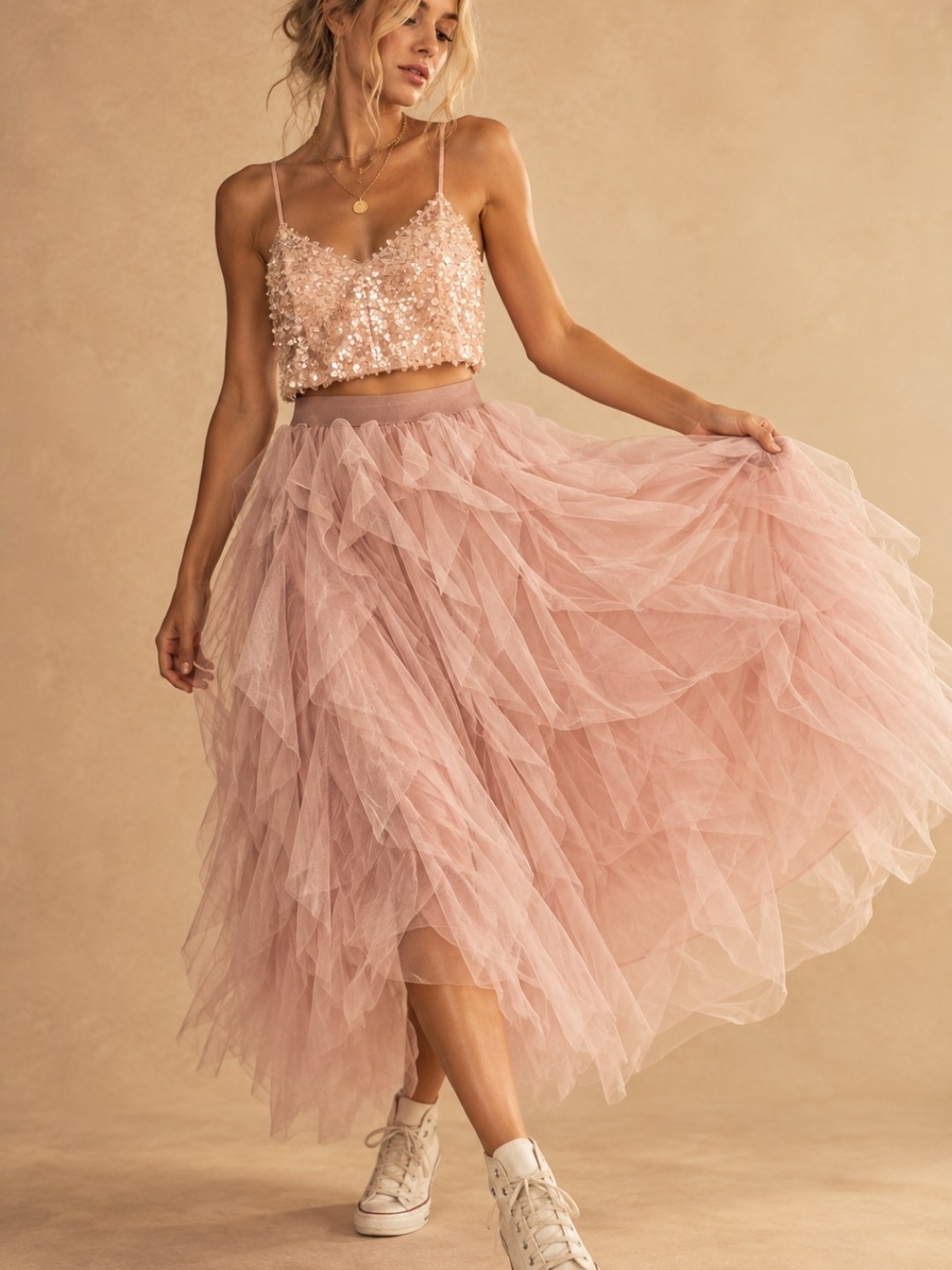 Blush Pink Layered Tulle Ruffle Midi Skirt Fairycore Small EUC